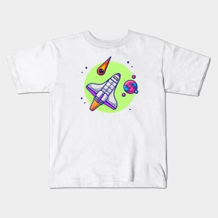 Space Shuttle Flying with Planet and Meteorite Space Cartoon Vector Icon Illustration Kids T-Shirt